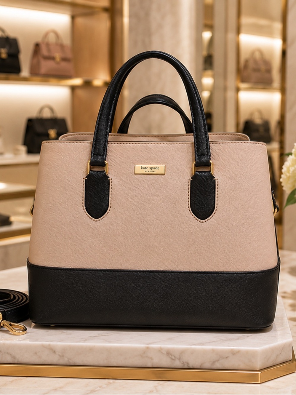 Kate Spade Laurel Way Evangelie Saffiano Leather Satchel Handbag Almond/Black - Picture 1 of 13